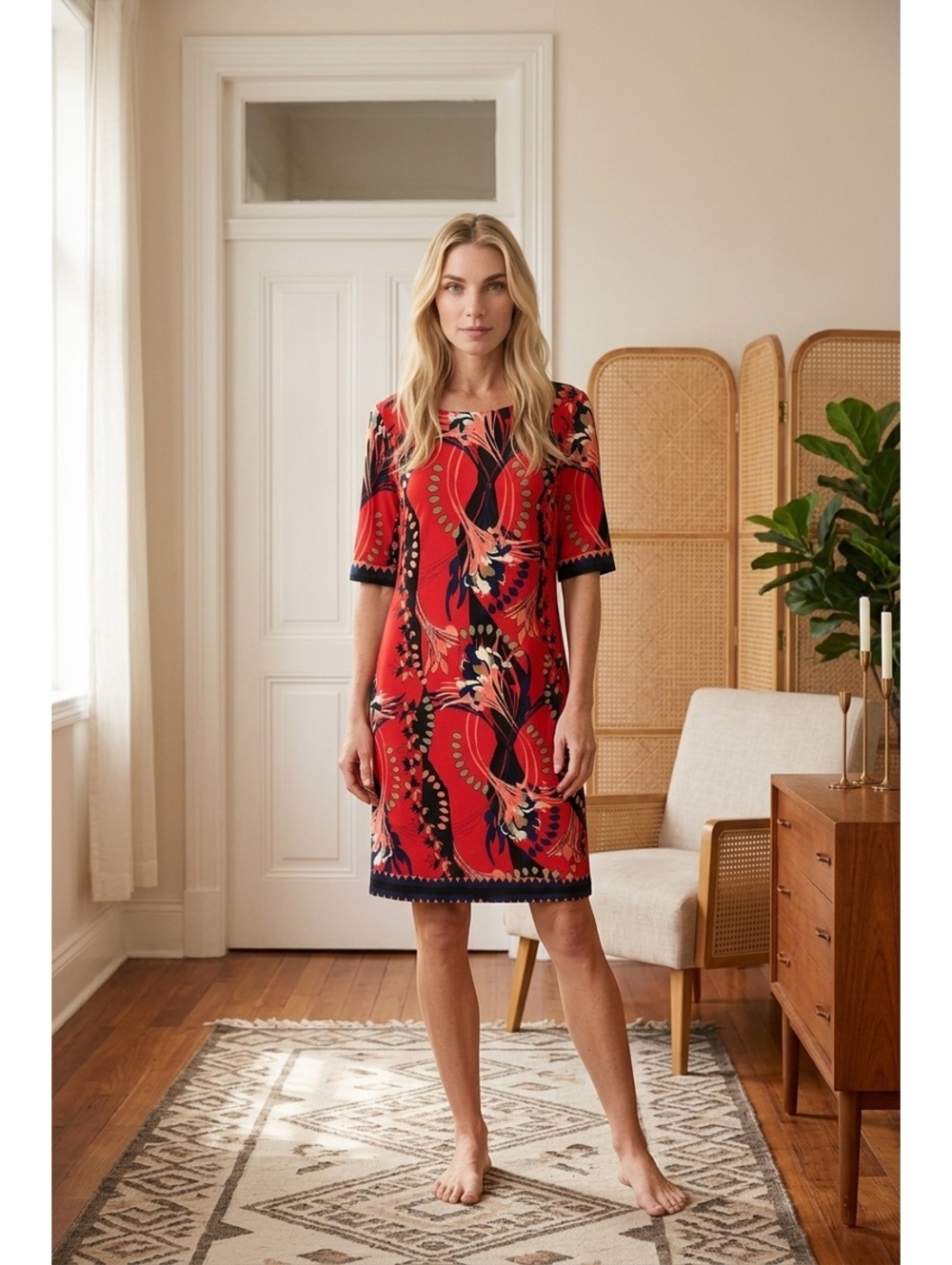 Red Floral Print Stretch Dress Style and Co. Size Large